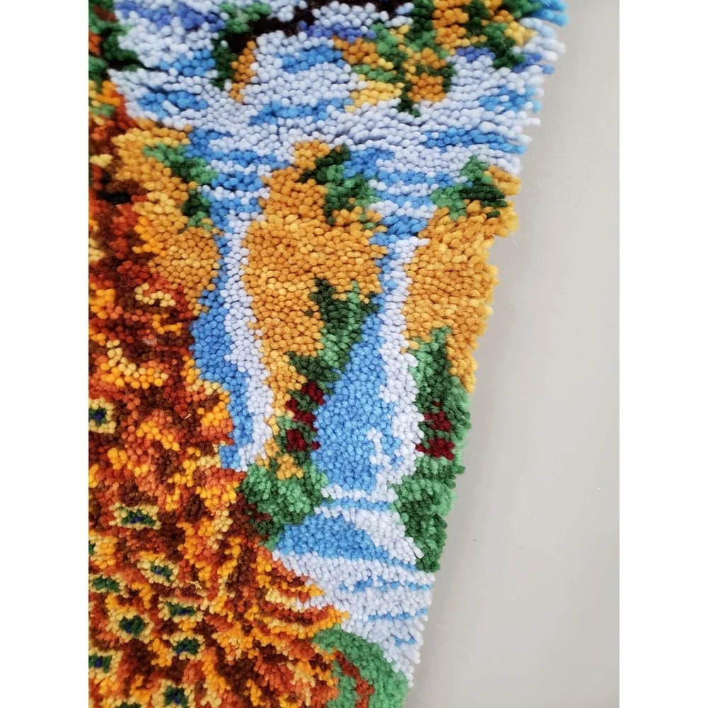LARGE Vintage Latch Hook Rug Completed Beach Sea Wall Hanging PEACOCK maximalist